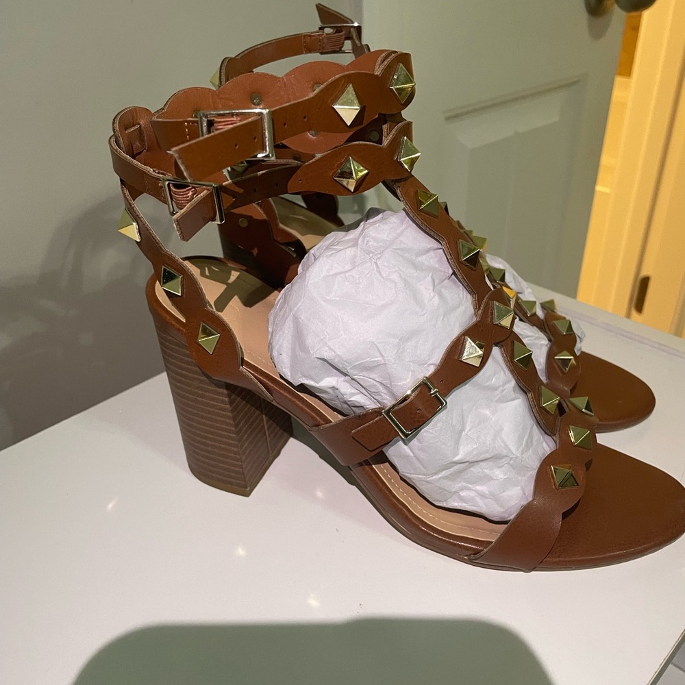 Studded Brown Block Heel Sandals